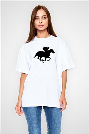 At Yarışı Baskılı Unisex Beyaz Oversize Tişört - Tshirt