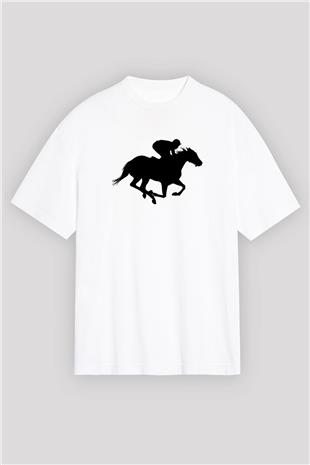 At Yarışı Baskılı Unisex Beyaz Oversize Tişört - Tshirt