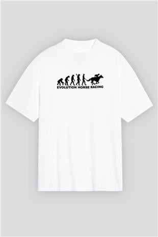 At Yarışı Baskılı Unisex Beyaz Oversize Tişört - Tshirt