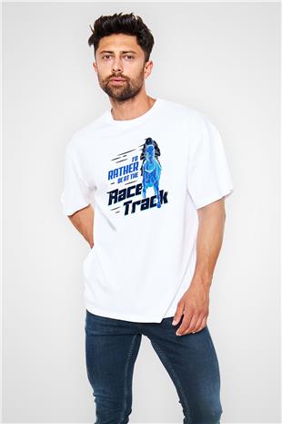At Yarışı Baskılı Unisex Beyaz Oversize Tişört - Tshirt