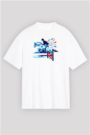 At Yarışı Baskılı Unisex Beyaz Oversize Tişört - Tshirt