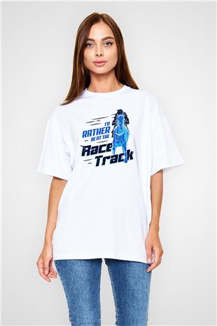 At Yarışı Baskılı Unisex Beyaz Oversize Tişört - Tshirt