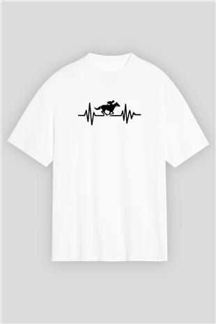 At Yarışı Baskılı Unisex Beyaz Oversize Tişört - Tshirt