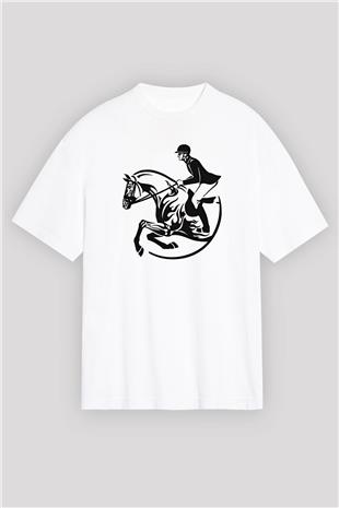 At Yarışı Baskılı Unisex Beyaz Oversize Tişört - Tshirt