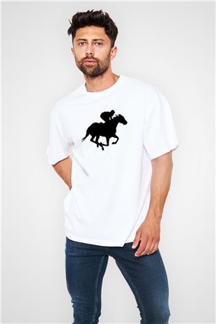 At Yarışı Baskılı Unisex Beyaz Oversize Tişört - Tshirt