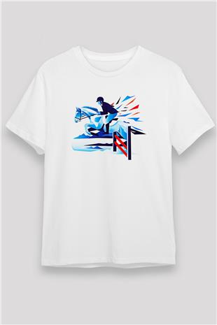 At Yarışı Baskılı Unisex Beyaz Tişört - Tshirt