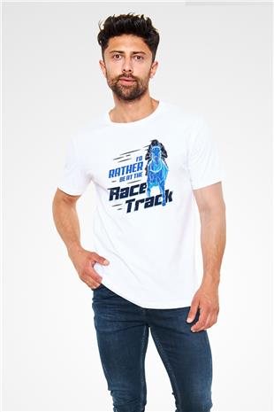 At Yarışı Baskılı Unisex Beyaz Tişört - Tshirt