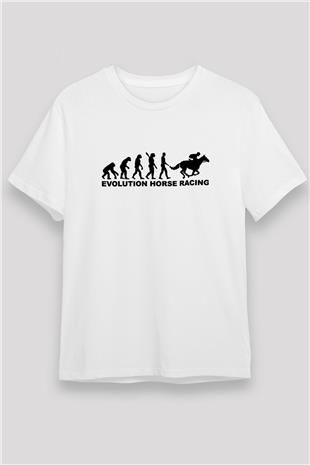 At Yarışı Baskılı Unisex Beyaz Tişört - Tshirt