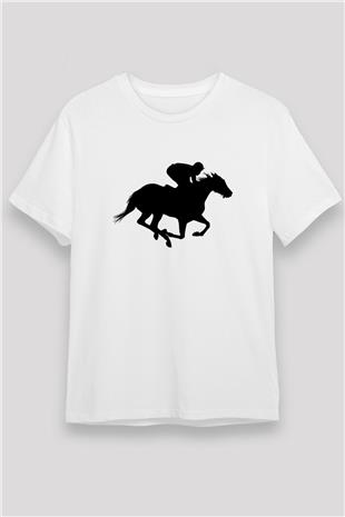 At Yarışı Baskılı Unisex Beyaz Tişört - Tshirt