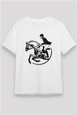 At Yarışı Baskılı Unisex Beyaz Tişört - Tshirt