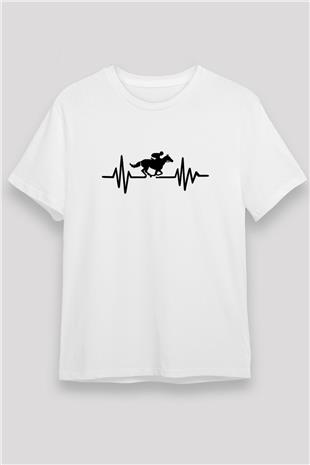 At Yarışı Baskılı Unisex Beyaz Tişört - Tshirt