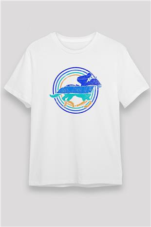 At Yarışı Baskılı Unisex Beyaz Tişört - Tshirt