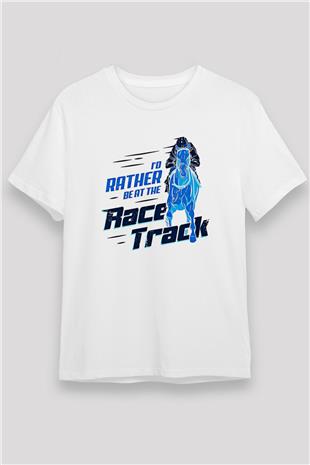 At Yarışı Baskılı Unisex Beyaz Tişört - Tshirt