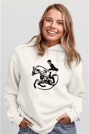At Yarışı Baskılı Unisex Ekru Hoodie