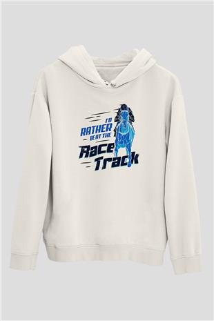 At Yarışı Baskılı Unisex Ekru Hoodie