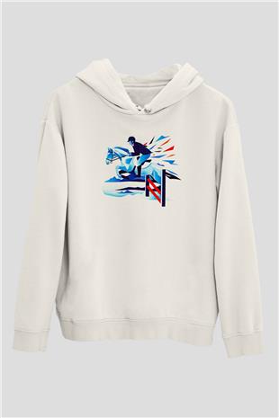 At Yarışı Baskılı Unisex Ekru Hoodie