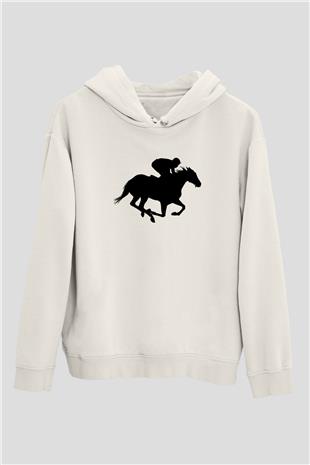 At Yarışı Baskılı Unisex Ekru Hoodie