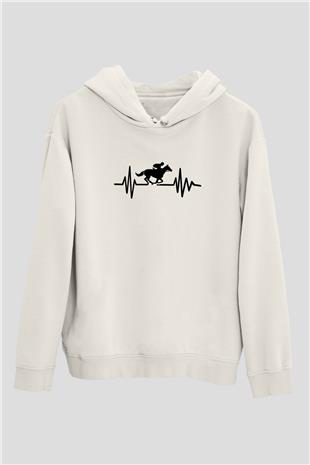 At Yarışı Baskılı Unisex Ekru Hoodie