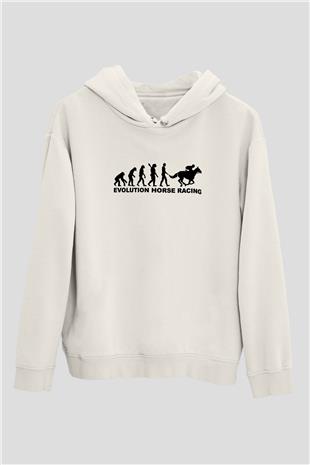 At Yarışı Baskılı Unisex Ekru Hoodie
