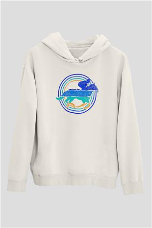 At Yarışı Baskılı Unisex Ekru Hoodie