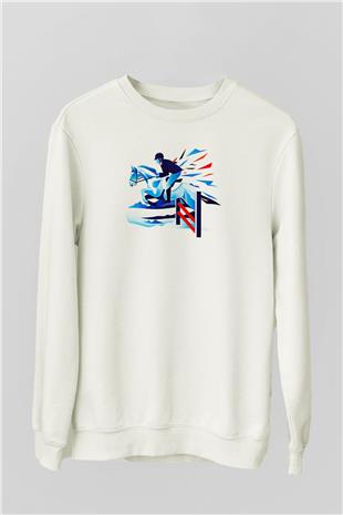 At Yarışı Baskılı Unisex Ekru Sweatshirt
