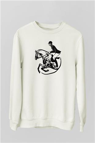 At Yarışı Baskılı Unisex Ekru Sweatshirt
