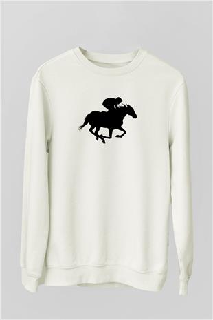 At Yarışı Baskılı Unisex Ekru Sweatshirt