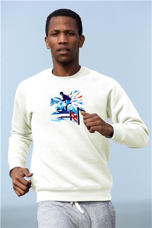 At Yarışı Baskılı Unisex Ekru Sweatshirt