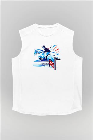 At Yarışı Baskılı Unisex Kolsuz Beyaz Tişört