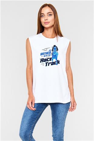 At Yarışı Baskılı Unisex Kolsuz Beyaz Tişört