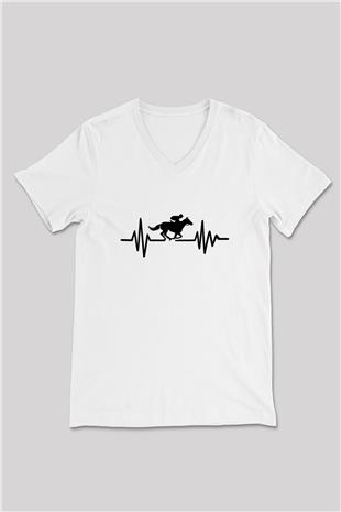 At Yarışı Baskılı Unisex V Yaka Tişört - Tshirt
