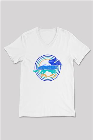 At Yarışı Baskılı Unisex V Yaka Tişört - Tshirt