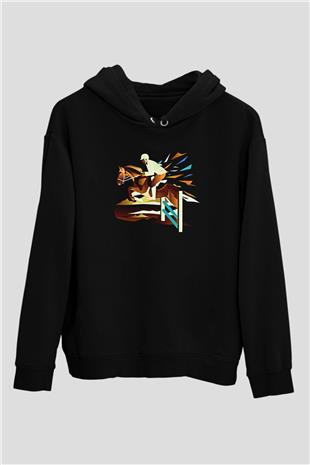 At Yarışı - Horse Race Baskılı Unisex Siyah Hoodie
