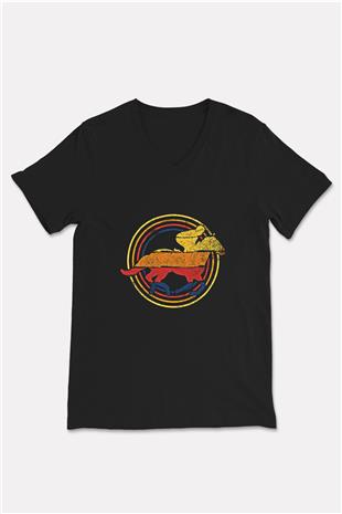 At Yarışı - Horse Race Baskılı Unisex Siyah V Yaka Tişört