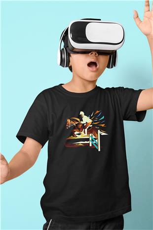 At Yarışı - Horse Race Baskılı Unisex Siyah Çocuk Tİşörtü - Tshirt