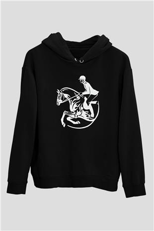 At Yarışı - Horse Race Baskılı Unisex Siyah Hoodie