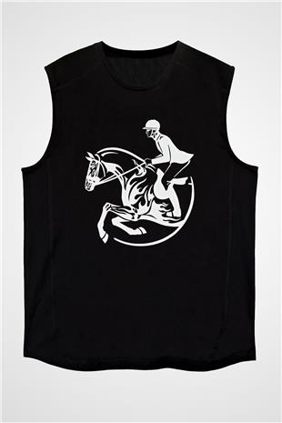 At Yarışı - Horse Race Baskılı Unisex Siyah Kolsuz Tişört