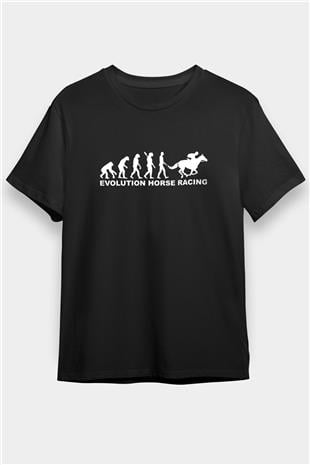 At Yarışı - Horse Race Baskılı Unisex Siyah Tişört - Tshirt