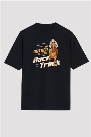 At Yarışı - Horse Race Baskılı Unisex Siyah Oversize Tişört