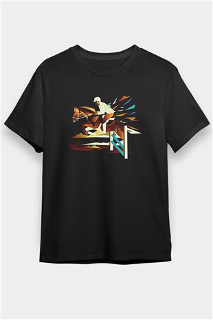 At Yarışı - Horse Race Baskılı Unisex Siyah Tişört - Tshirt