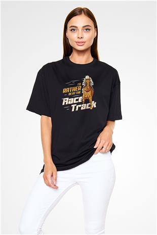 At Yarışı - Horse Race Baskılı Unisex Siyah Oversize Tişört