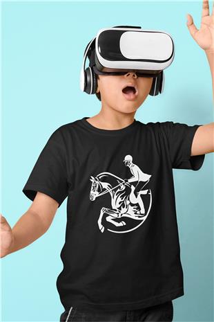 At Yarışı - Horse Race Baskılı Unisex Siyah Çocuk Tİşörtü - Tshirt