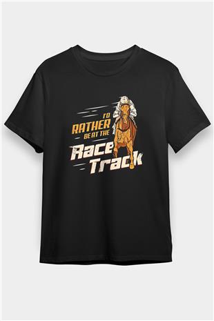 At Yarışı - Horse Race Baskılı Unisex Siyah Tişört - Tshirt