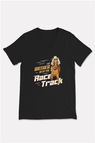 At Yarışı - Horse Race Baskılı Unisex Siyah V Yaka Tişört