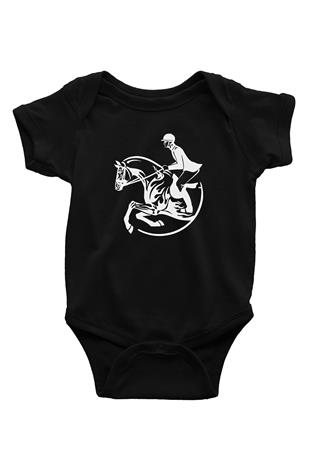 At Yarışı - Horse Race Baskılı Unisex Siyah Bebek Body - Zıbın