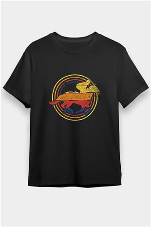 At Yarışı - Horse Race Baskılı Unisex Siyah Tişört - Tshirt