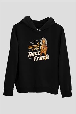 At Yarışı - Horse Race Baskılı Unisex Siyah Hoodie