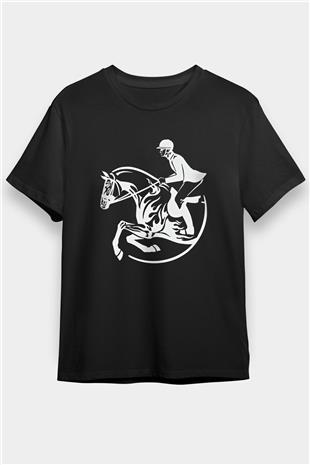 At Yarışı - Horse Race Baskılı Unisex Siyah Tişört - Tshirt