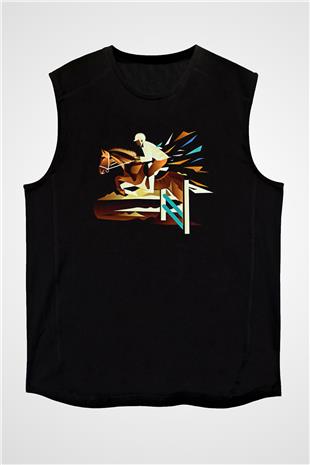 At Yarışı - Horse Race Baskılı Unisex Siyah Kolsuz Tişört