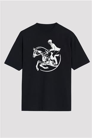 At Yarışı - Horse Race Baskılı Unisex Siyah Oversize Tişört